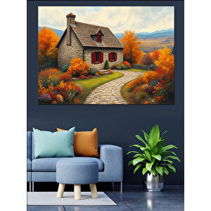 Sonbaharda Kır Evi Yolu Dekoratif Kanvas - Mdf Ahşap Tablo