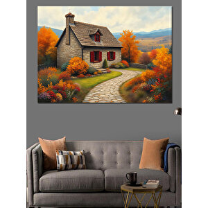 Sonbaharda Kır Evi Yolu Dekoratif Kanvas - Mdf Ahşap Tablo