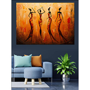 Turuncu Fonlu Dans Eden Kadınlar Dekoratif Kanvas - Mdf Ahşap Tablo 100x140 cm