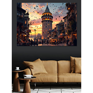 Galata Kulesi Kalabalığı Dekoratif Kanvas - Mdf Ahşap Tablo 35x50 cm