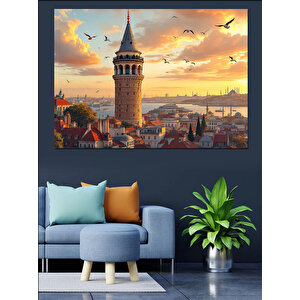 Galata Kulesi Ve Gün Batımı Dekoratif Kanvas - Mdf Ahşap Tablo 35x50 cm