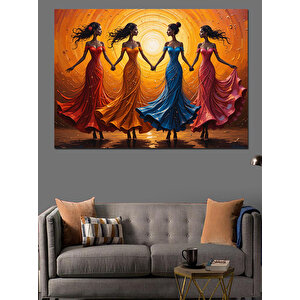 Renkli Elbiseli Dans Eden Kadınlar Dekoratif Kanvas - Mdf Ahşap Tablo