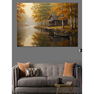 Göl Kenarında Sonbahar Evi Dekoratif Kanvas - Mdf Ahşap Tablo 35x50 cm