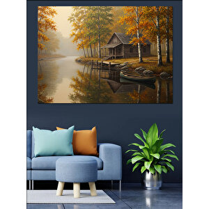 Göl Kenarında Sonbahar Evi Dekoratif Kanvas - Mdf Ahşap Tablo 25x35 cm