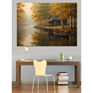 Göl Kenarında Sonbahar Evi Dekoratif Kanvas - Mdf Ahşap Tablo
