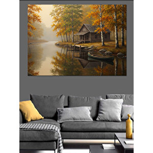 Göl Kenarında Sonbahar Evi Dekoratif Kanvas - Mdf Ahşap Tablo