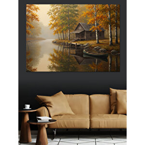 Göl Kenarında Sonbahar Evi Dekoratif Kanvas - Mdf Ahşap Tablo 50x70 cm