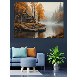 Sonbahar Göl Evi Dekoratif Kanvas - Mdf Ahşap Tablo 25x35 cm