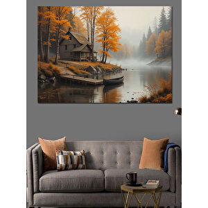 Sonbahar Göl Evi Dekoratif Kanvas - Mdf Ahşap Tablo