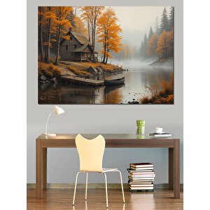 Sonbahar Göl Evi Dekoratif Kanvas - Mdf Ahşap Tablo