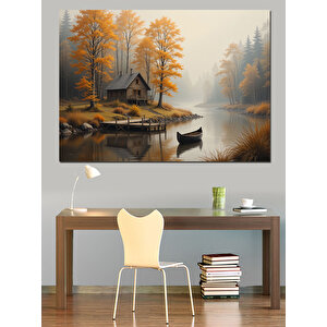 Sarı Sonbahar Göl Manzarası Dekoratif Kanvas - Mdf Ahşap Tablo 100x140 cm