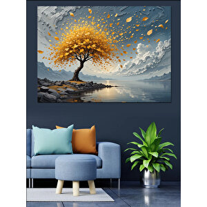 Altın Yapraklı Sonbahar Ağacı Dekoratif Kanvas - Mdf Ahşap Tablo 35x50 cm