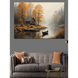 Sarı Sonbahar Göl Manzarası Dekoratif Kanvas - Mdf Ahşap Tablo 70x100 cm
