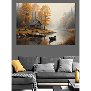 Sarı Sonbahar Göl Manzarası Dekoratif Kanvas - Mdf Ahşap Tablo