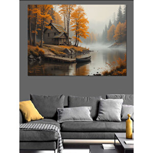 Sonbahar Göl Evi Dekoratif Kanvas - Mdf Ahşap Tablo 50x70 cm