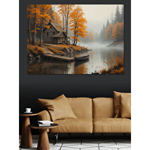 Sonbahar Göl Evi Dekoratif Kanvas - Mdf Ahşap Tablo 50x70 cm