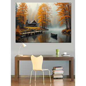 Sonbaharda Göl Kenarı Evi Dekoratif Kanvas - Mdf Ahşap Tablo 35x50 cm