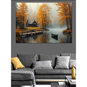 Sonbaharda Göl Kenarı Evi Dekoratif Kanvas - Mdf Ahşap Tablo 35x50 cm