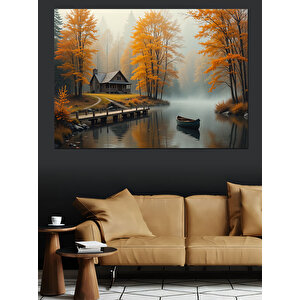 Sonbaharda Göl Kenarı Evi Dekoratif Kanvas - Mdf Ahşap Tablo 35x50 cm