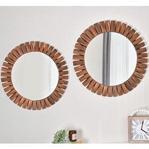Dfn Wood Flower İkili 70,60 Cm Ahşap Ceviz Rengi Yuvarlak Dekoratif Duvar Salon Konsol Banyo Aynası 70x70 cm