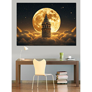 Dolunay Arka Galata Kulesi Dekoratif Kanvas - Mdf Ahşap Tablo 50x70 cm
