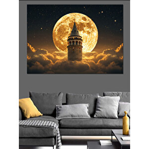 Dolunay Arka Galata Kulesi Dekoratif Kanvas - Mdf Ahşap Tablo 50x70 cm