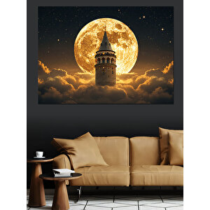 Dolunay Arka Galata Kulesi Dekoratif Kanvas - Mdf Ahşap Tablo 50x70 cm