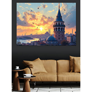 Galata Kulesi Gün Batımı Dekoratif Kanvas - Mdf Ahşap Tablo 25x35 cm