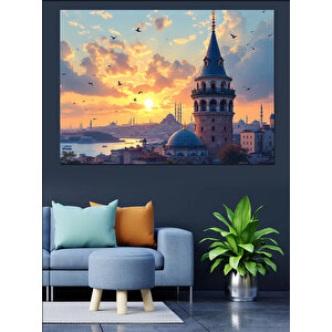 Galata Kulesi Gün Batımı Dekoratif Kanvas - Mdf Ahşap Tablo 25x35 cm