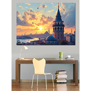 Galata Kulesi Gün Batımı Dekoratif Kanvas - Mdf Ahşap Tablo