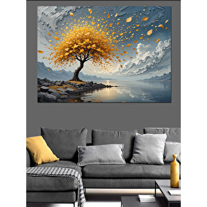 Altın Yapraklı Sonbahar Ağacı Dekoratif Kanvas - Mdf Ahşap Tablo 100x140 cm
