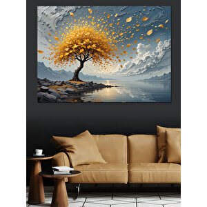 Altın Yapraklı Sonbahar Ağacı Dekoratif Kanvas - Mdf Ahşap Tablo 100x140 cm