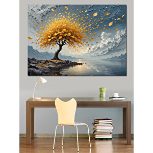 Altın Yapraklı Sonbahar Ağacı Dekoratif Kanvas - Mdf Ahşap Tablo