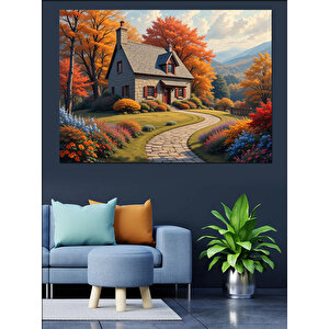 Sonbaharda Dağ Evi Manzarası Dekoratif Kanvas - Mdf Ahşap Tablo 100x140 cm