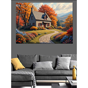 Sonbaharda Dağ Evi Manzarası Dekoratif Kanvas - Mdf Ahşap Tablo 35x50 cm