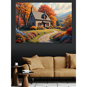 Sonbaharda Dağ Evi Manzarası Dekoratif Kanvas - Mdf Ahşap Tablo 35x50 cm