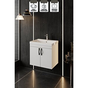 Ege 60 Cm, Lavabolu Alt Banyo Dolabı, Kapaklı Banyo Alt Dolabı, Seramik Lavabo Dahil