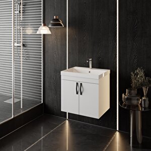 Ege 60 Cm, Lavabolu Alt Banyo Dolabı, Kapaklı Banyo Alt Dolabı, Seramik Lavabo Dahil