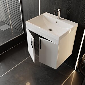 Ege 60 Cm, Lavabolu Alt Banyo Dolabı, Kapaklı Banyo Alt Dolabı, Seramik Lavabo Dahil