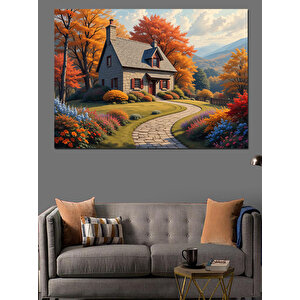 Sonbaharda Dağ Evi Manzarası Dekoratif Kanvas - Mdf Ahşap Tablo