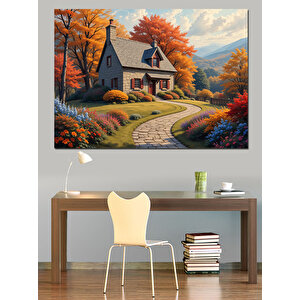 Sonbaharda Dağ Evi Manzarası Dekoratif Kanvas - Mdf Ahşap Tablo