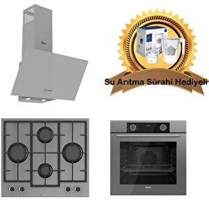 Fryart Gri Cam Ankastre Set D088- Ln388 Döküm Izgara Önden Düğmeli Ocak - Xe63cpr Fryart