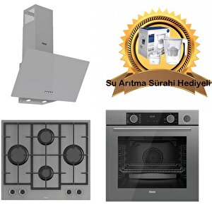 Fryart & Steamart Gri Cam Ankastre Set D088 - Ln388 Döküm Izgaralı Önden Düğmeli Ocak - Xe64cpr Buharli Fırın