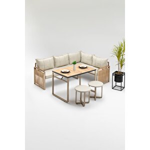 Moni̇sa (masa Ve Puflu) Köşe Takimi Bej-kahve (balkon-bahçe-mutfak) Bej