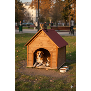 Pet Suya Soğuğa Dayanıklı Lüks Büyük Boy Ahşap Köpek Kulubesi Sokak Köpek Evi Kırmızı Çatılı 100x100x78 Cm Ceviz