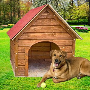 Reyo Pet Suya Soğuğa Dayanıklı Lüks Büyük Boy Ahşap Köpek Kulubesi Sokak Köpek Evi Kırmızı Çatılı 100x100x78 Cm Ceviz