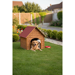 Reyo Pet Suya Soğuğa Dayanıklı Lüks Büyük Boy Ahşap Köpek Kulubesi Sokak Köpek Evi Kırmızı Çatılı 100x100x78 Cm Ceviz