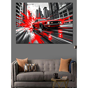 Şehirde Hızlı Kırmızı Araba Dekoratif Kanvas - Mdf Ahşap Tablo 100x140 cm