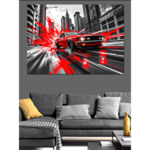 Şehirde Hızlı Kırmızı Araba Dekoratif Kanvas - Mdf Ahşap Tablo 100x140 cm