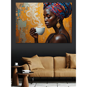 Afrikalı Kahve İçen Kadın Dekoratif Kanvas - Mdf Ahşap Tablo